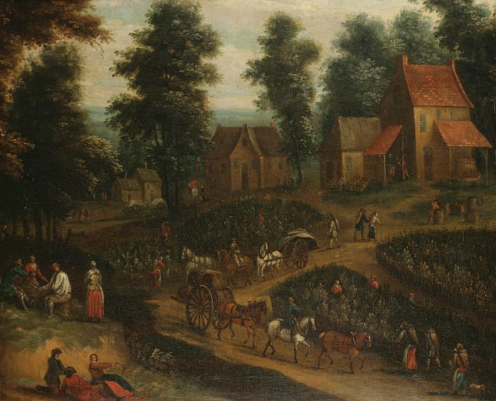 Appraisal: MANNER OF JACOB GRIMMER Figures with wagons on a road