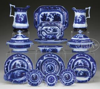 Appraisal: EIGHTEEN PIECES OF TEMPLE PATTERN FLOW BLUE CHINA The lot