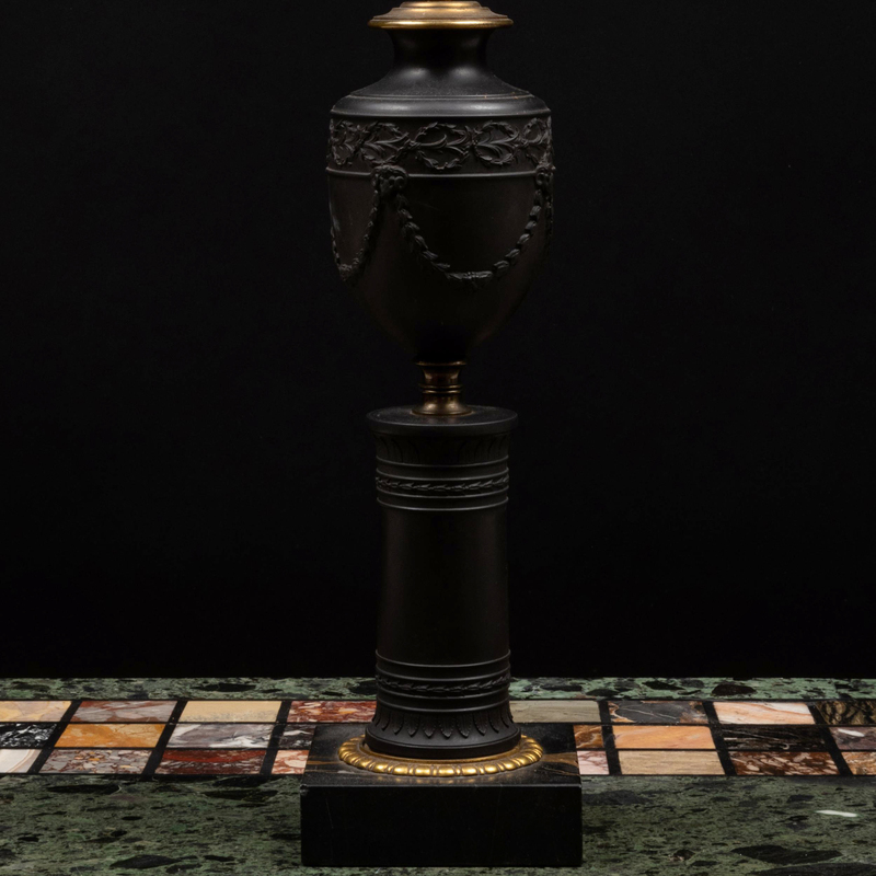 Appraisal: Victorian Gilt-Bronze Basalt Stoneware and Marble Lamp x x in