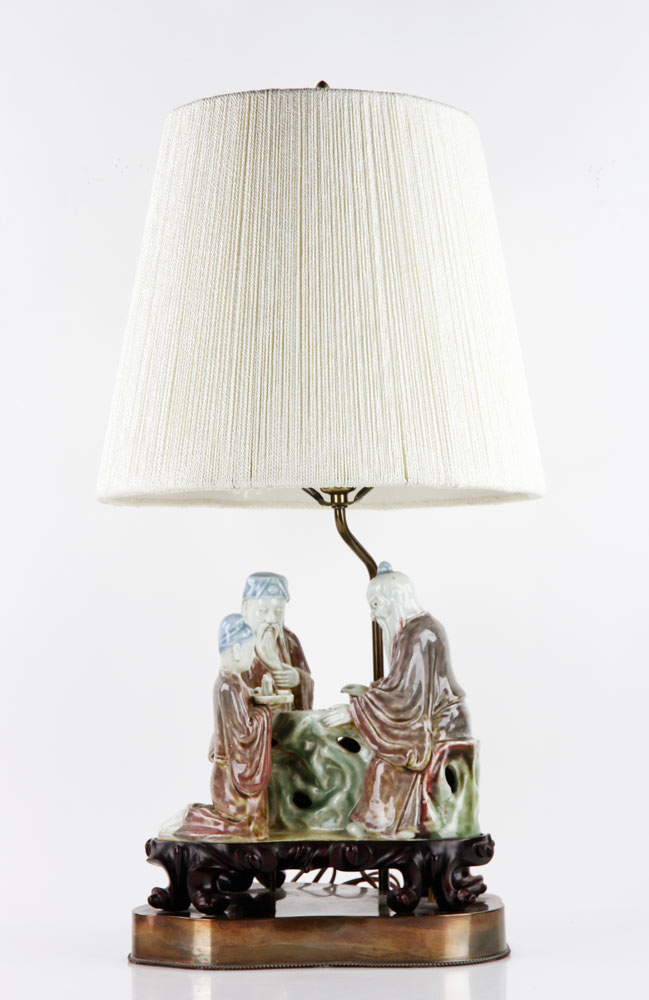 Appraisal: - Chinese Porcelain Lamp Porcelain figural lamp with three men