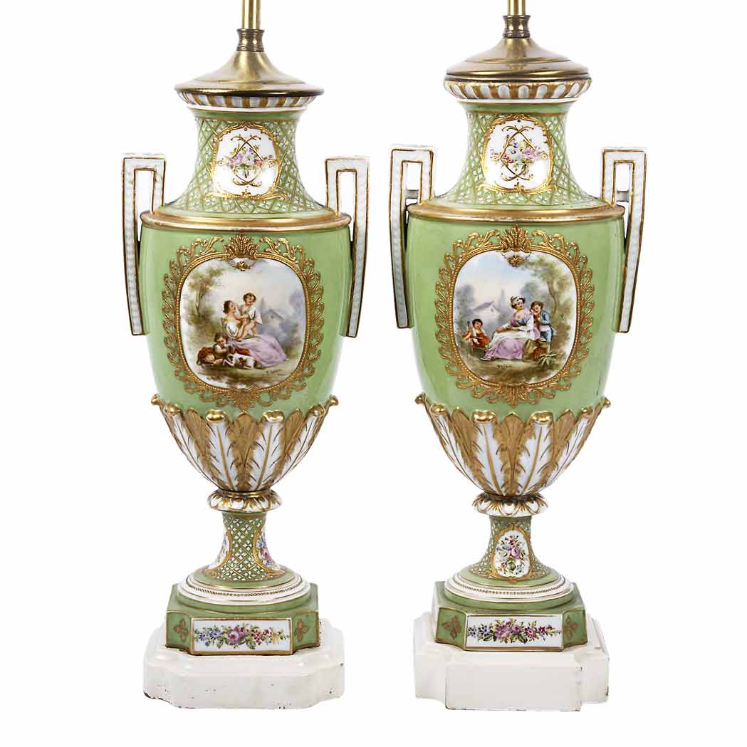 Appraisal: Pair of Sevres Style Gilt and Polychrome Decorated Porcelain Two-Handled