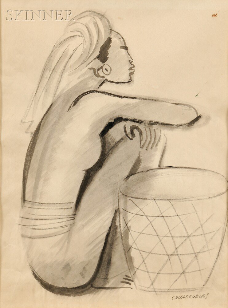 Appraisal: Miguel Covarrubias Mexican - Seated Woman with a Basket Signed