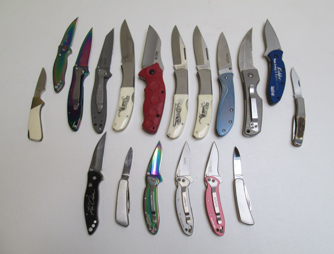 Appraisal: EIGHTEEN KERSHAW FOLDING POCKET KNIVES No with scrimshaw GRYST ST