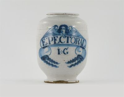 Appraisal: An early delftware dry drug jar painted with an angel