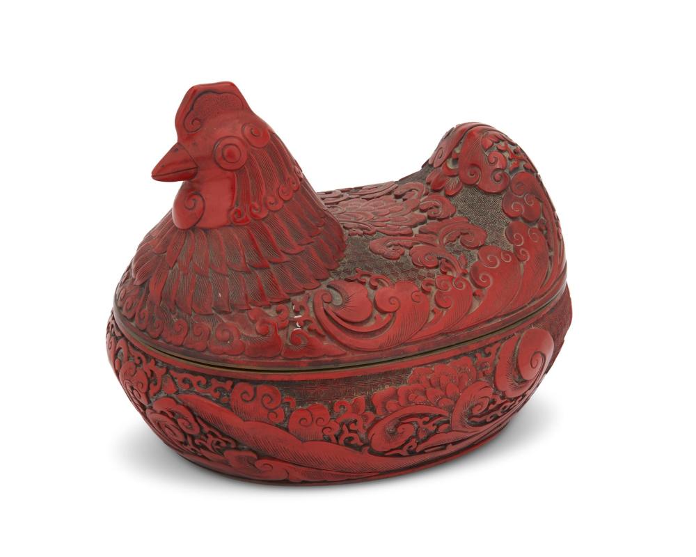 Appraisal: A Chinese carved cinnabar chicken box Early th century Lidded