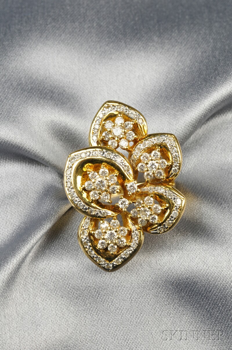 Appraisal: kt Gold and Diamond Flower Ring set with full-cut diamond