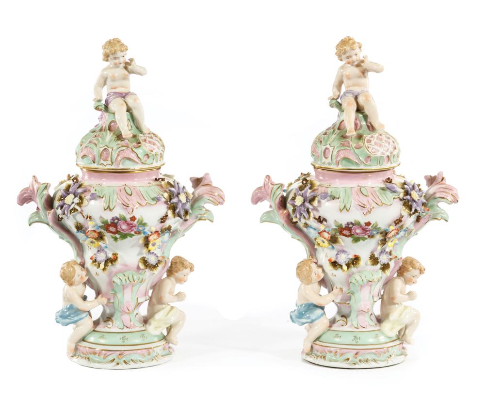 Appraisal: Pair of Meissen-Style Figural Polychrome and Gilt Porcelain Covered Urns