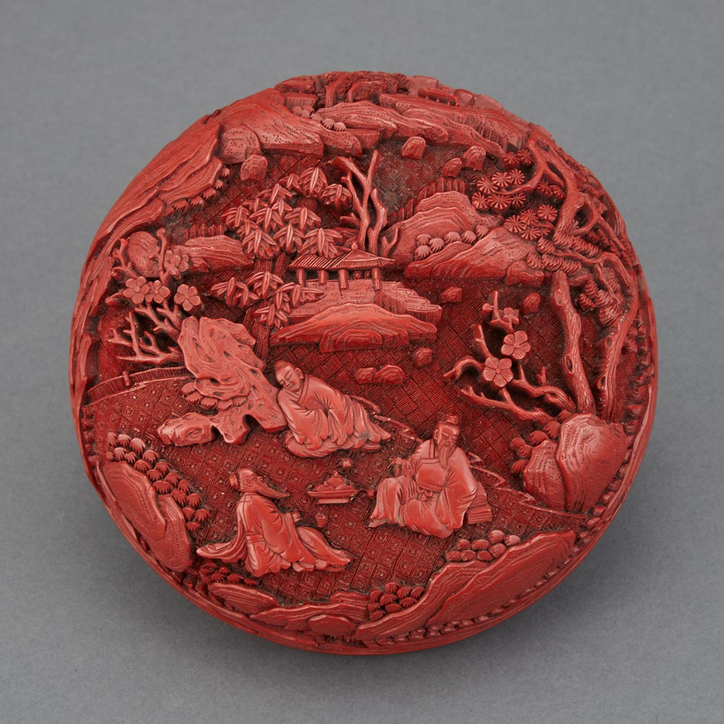 Appraisal: Chinese Red Lacquer Covered Box th Century Of circular form