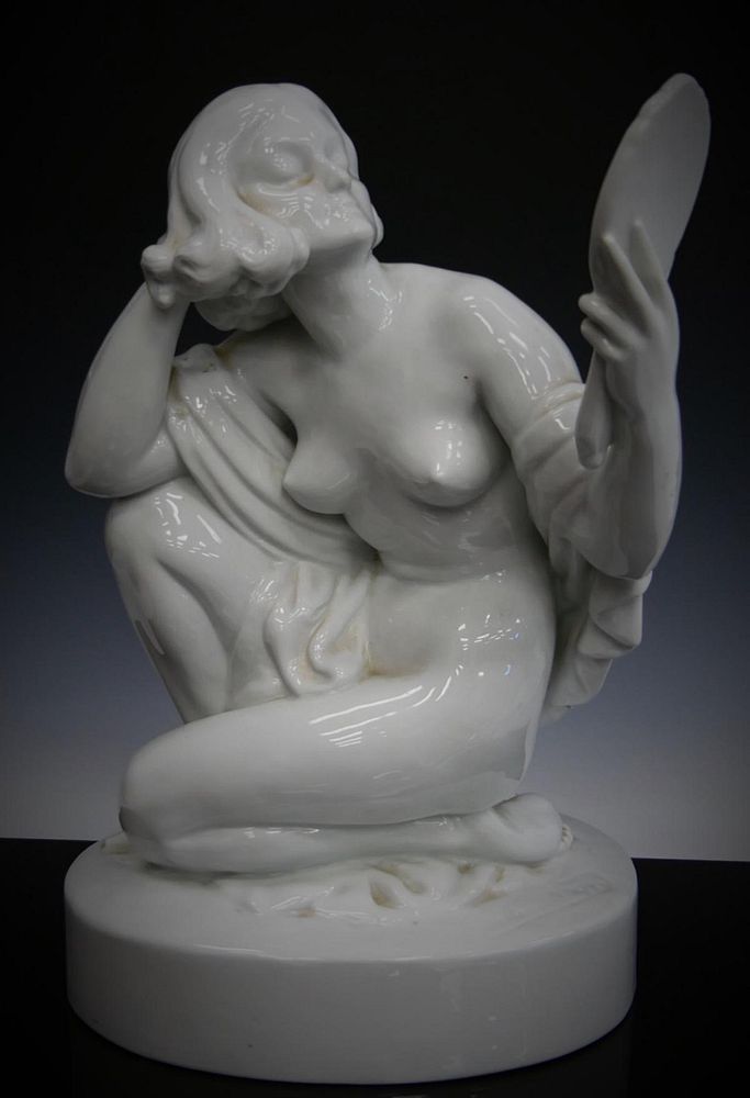 Appraisal: HUGE HEREND FIGURINE OF THE NUDE WITH MIRROR Blanc de