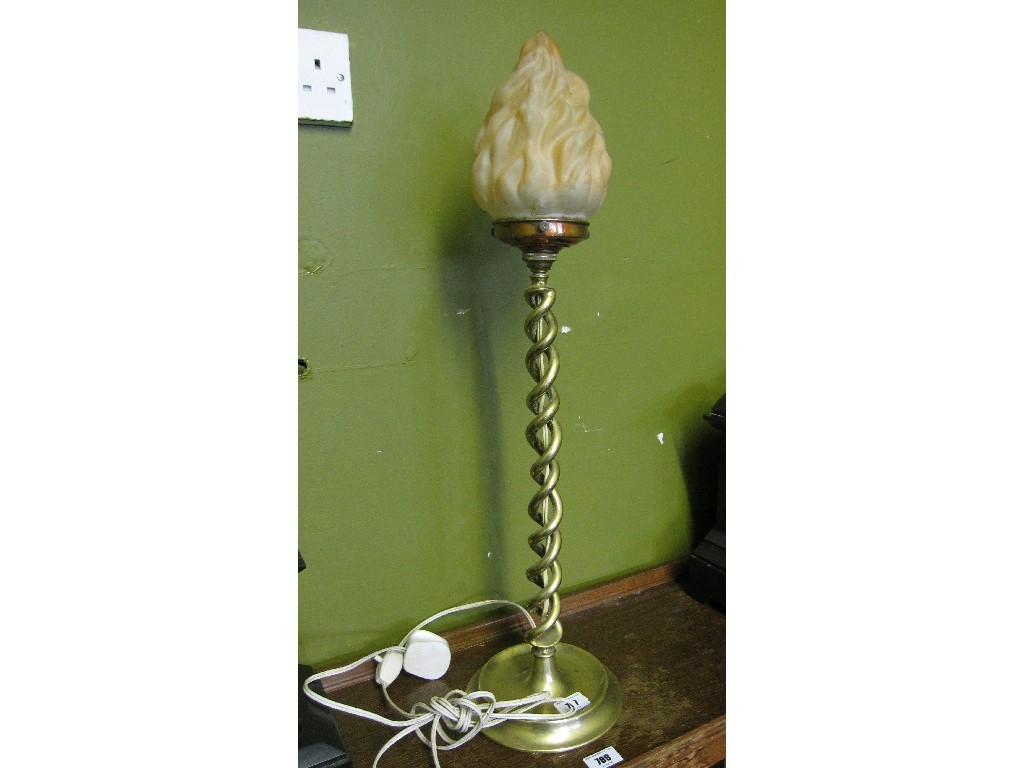 Appraisal: Brass barley twist table lamp with flame shade