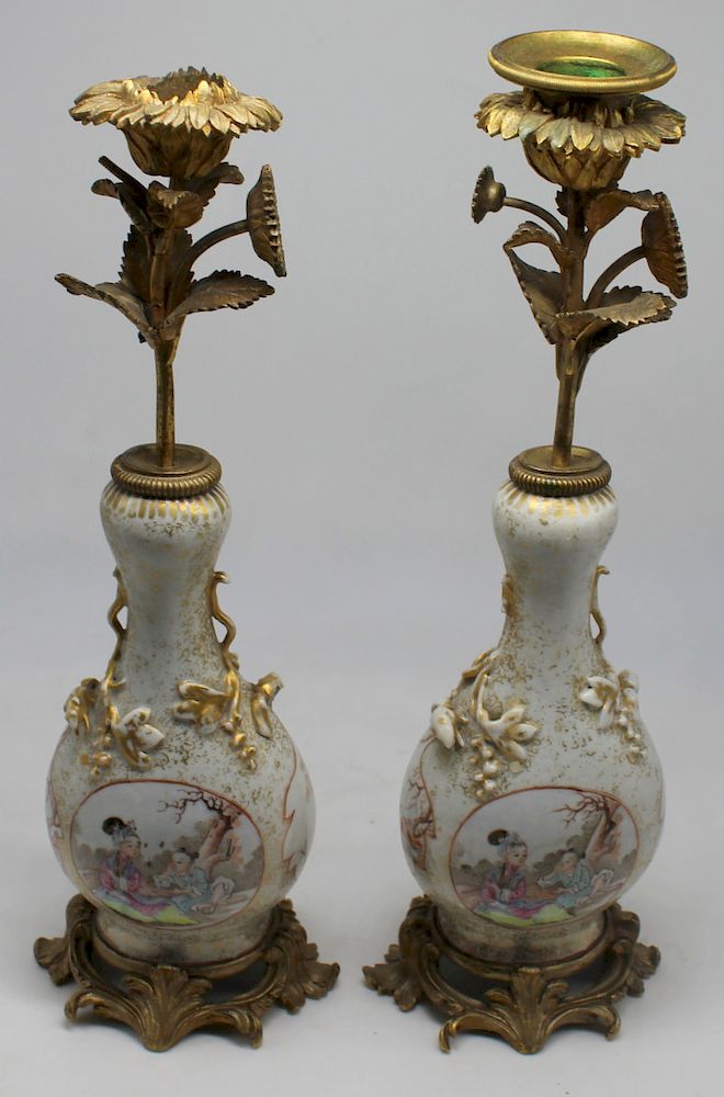 Appraisal: Pair of Bronze and Porcelain Chinese Export Style Candlesticks Missing