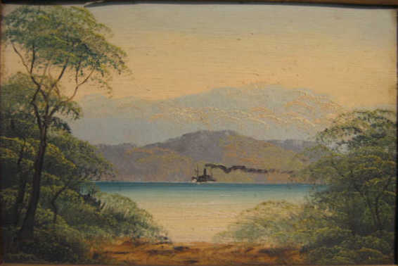 Appraisal: AMERICAN SCHOOL TH CENTURY Lake landscape with steamer mountains in