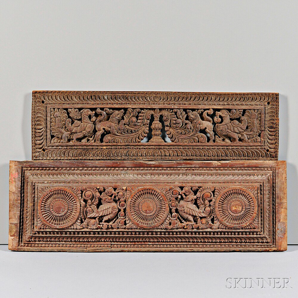 Appraisal: Two Wooden Lintel Friezes India one with three floral circles