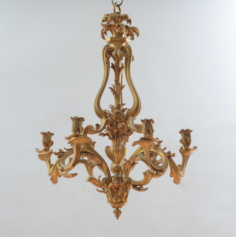 Appraisal: LOUIS XV STYLE GILT-BRONZE SIX-LIGHT CHANDELIER The pear-form skeletal form