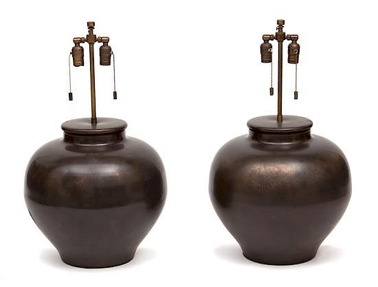 Appraisal: A Pair of Karl Springer Brass Based Table Lamps Height