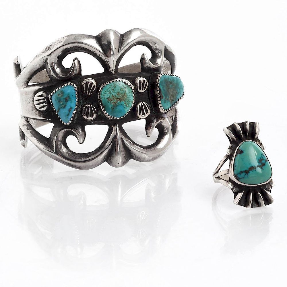 Appraisal: NATIVE AMERICAN TRIBAL TURQUOISE SILVER BRACELET RING Hallmarked silver turquoise