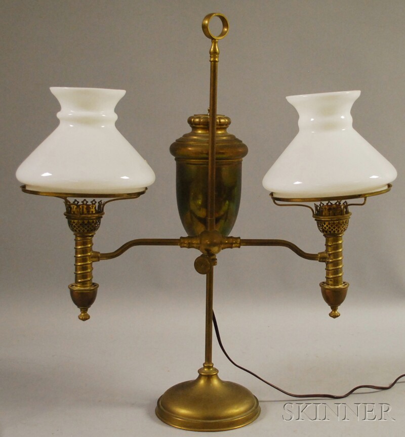 Appraisal: Brass Adjustable Double Student Lamp with a Pair of Opaque