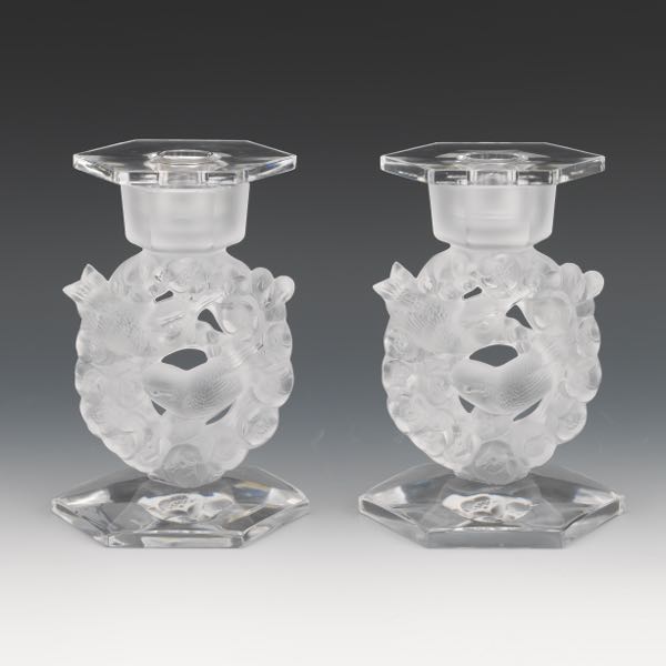 Appraisal: LALIQUE PAIR OF CRYSTAL GLASS CANDLEHOLDERS MESANGES PATTERN Pair of