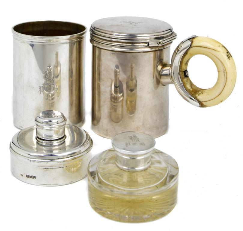 Appraisal: A VICTORIAN SILVER SHAVING SET comprising cylindrical case with moulded