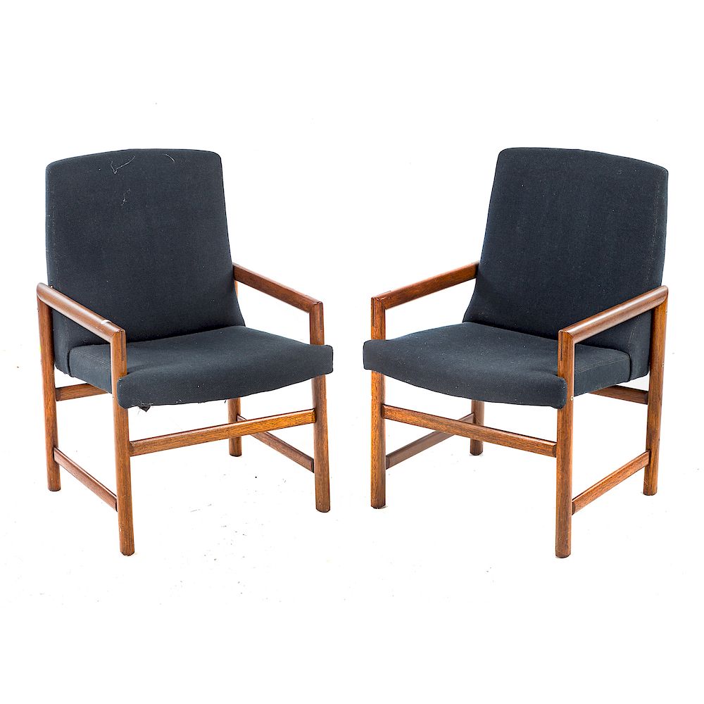 Appraisal: Pair Mid-Century Modern Teakwood Armchairs mid- th century upholstered backs