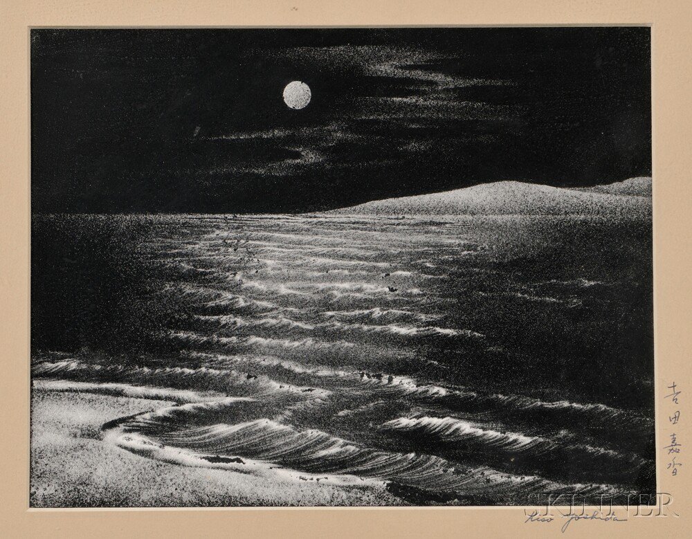 Appraisal: Woodblock Print Depicting a Moonlit Seascape Japan Kiso Yoshida -