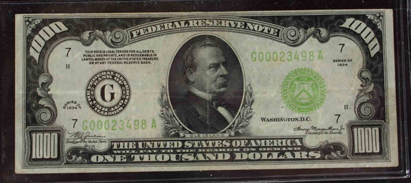 Appraisal: Federal Reserve Note One Thousand Dollars VG-F Condition Folds -