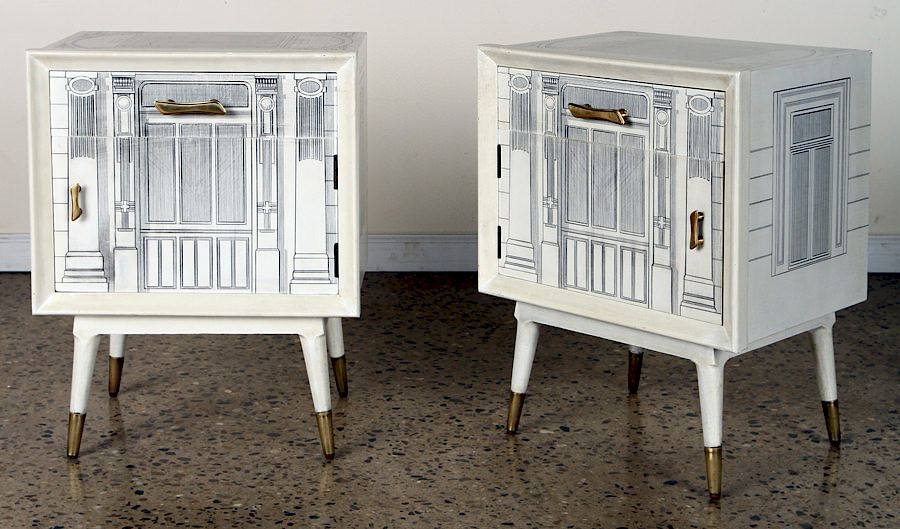 Appraisal: PAIR FORNASETTI STYLE ONE DRAWER NIGHT STANDS A pair of