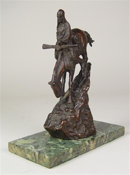 Appraisal: Remington Style Bronze Indian mounted on horse descending mountain On