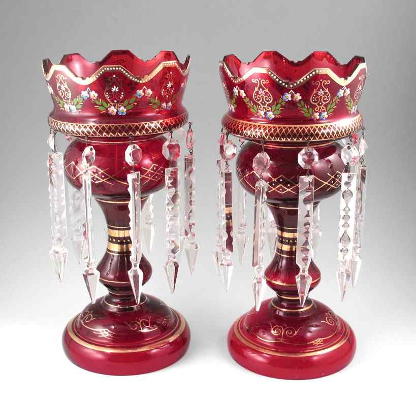 Appraisal: PAIR OF RUBY GLASS LUSTERS WITH CRYSTAL PRISMS Hand painted