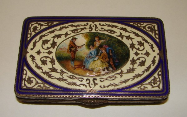 Appraisal: Sterling box features central enamel medallion depicting garden concert marked