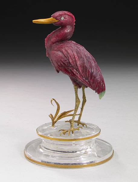 Appraisal: Ruby-in-Zoisite Carving of a Heron By Eberhard Bank Idar-Oberstein Germany