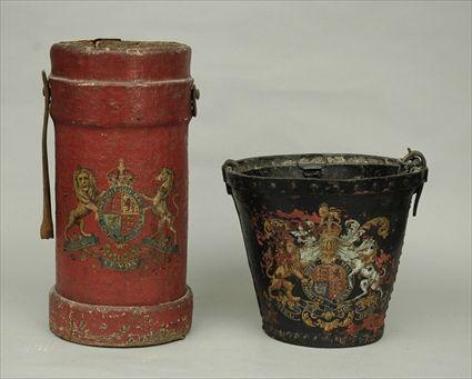 Appraisal: George III-Style Fire Bucket together with Red Leather Artillery Case