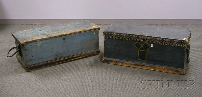 Appraisal: Two Blue-painted Pine Dovetail-constructed Sea Chests with Becket Handles one