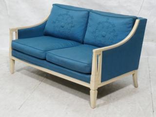 Appraisal: Decorator Blue Fabric Love Seat Off white lacque Decorator Blue