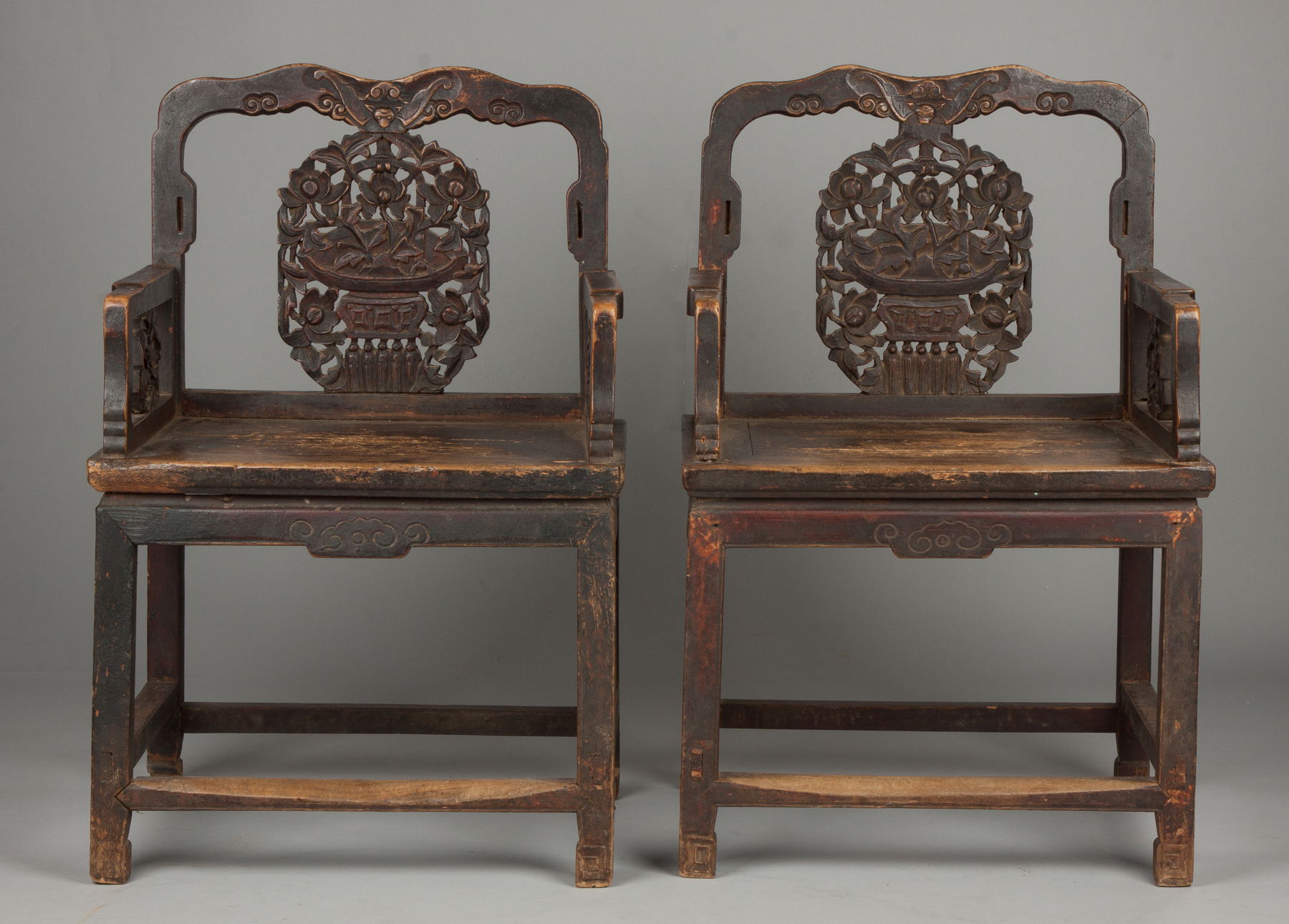 Appraisal: Pair of Chinese Carved Mortise Tenon Arm Chairs