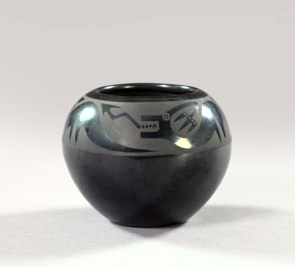 Appraisal: Southwestern Indian Black-on-Black-Glazed Pottery Spherical Bowl second quarter th century