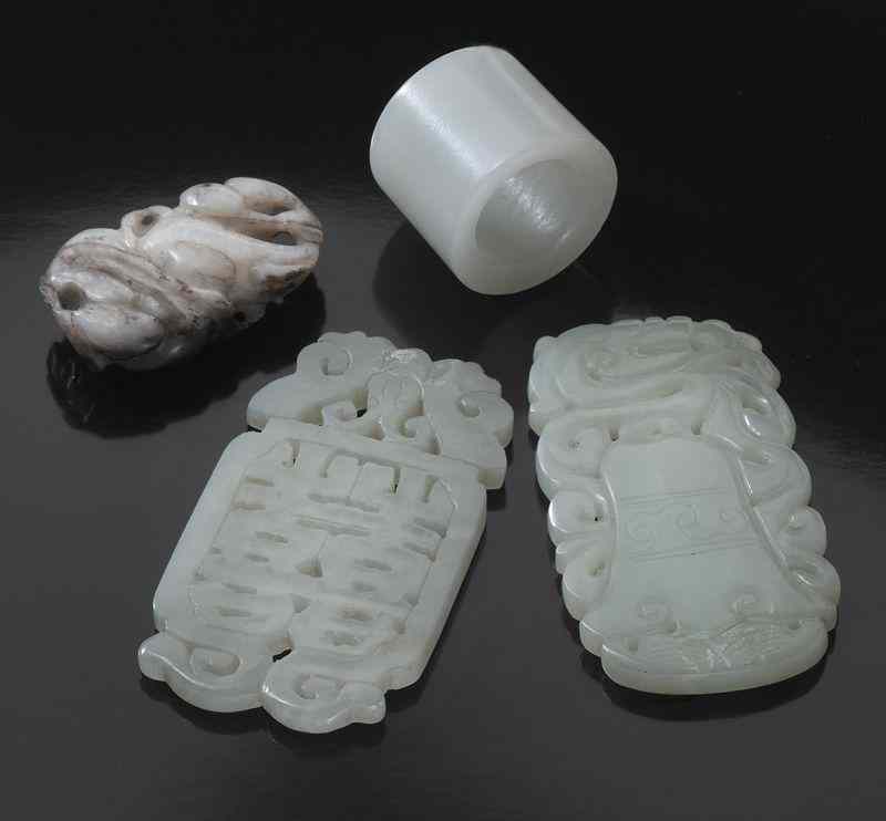 Appraisal: Pcs Chinese Qing carved jade including plaques ''H archer's ring