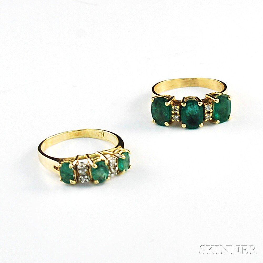 Appraisal: Two Gold and Emerald Rings each set with three emeralds