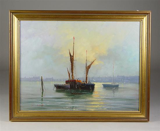 Appraisal: Oil on Board of Sailboats Sailboats in harbor Signed lower