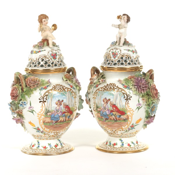 Appraisal: PAIR OF GERMAN POTSCHAPEL CARL THIEME STYLE LIDDED URNS x