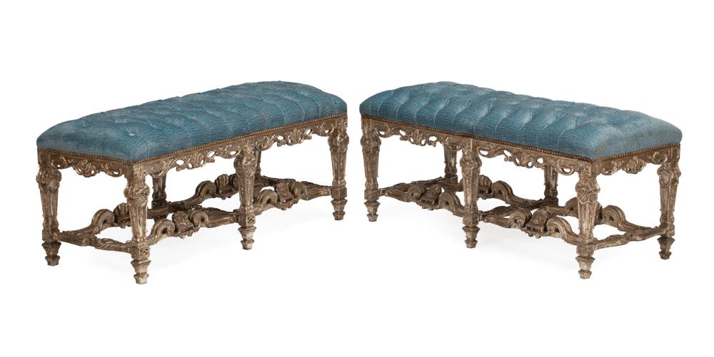 Appraisal: Pair of Regence-Style Carved Argente and Giltwood Benches tufted upholstery