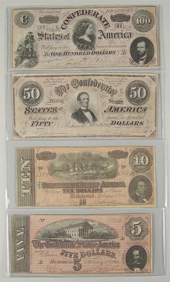 Appraisal: Four Confederate Notes All dated Note nice F VF condition