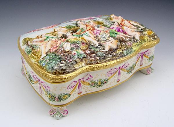 Appraisal: LARGE CAPO DI MONTE JEWELRY CASKET Hinged lid footed box