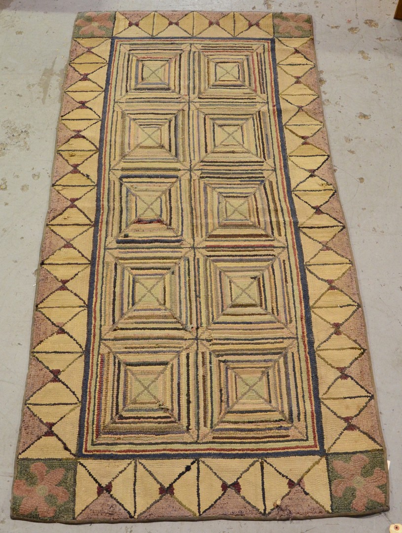 Appraisal: x hooked rug geometric repairs and damage