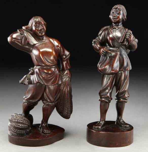 Appraisal: Chinese Cultural Revolution hard wood carvingsdepicting a lady farming and