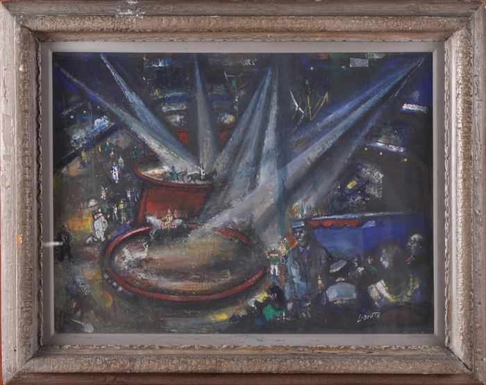 Appraisal: EUROPEAN SCHOOL CIRCUS SCENE Mixed media on board x in