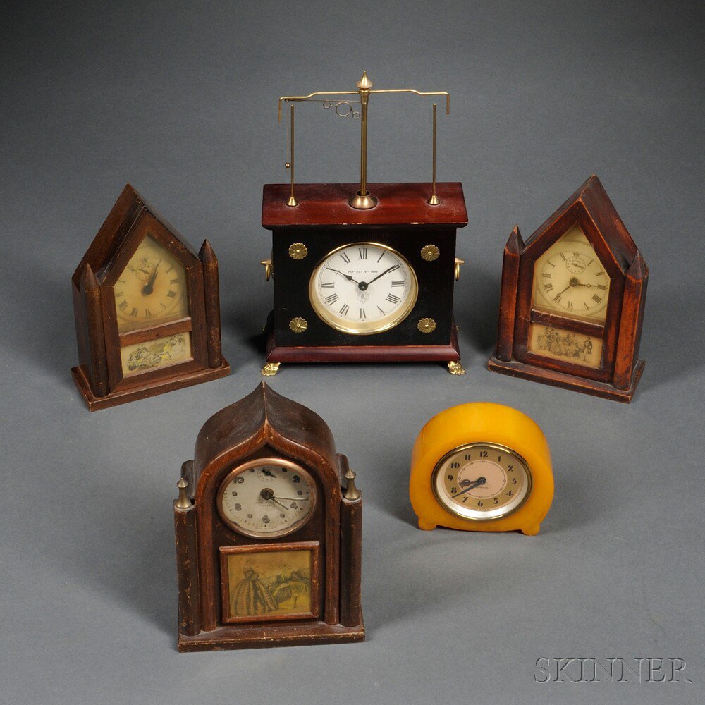 Appraisal: Five Small Clocks various makers three mini steeple alarm clocks