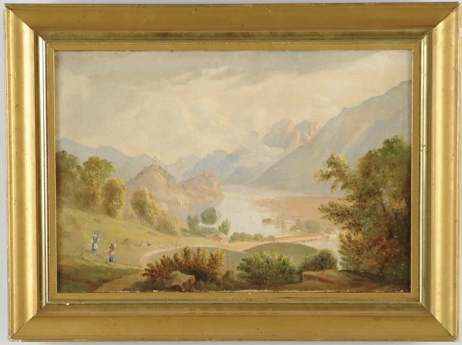 Appraisal: W WALL th Century MOUNTAIN AND RIVER SCENE Oil on