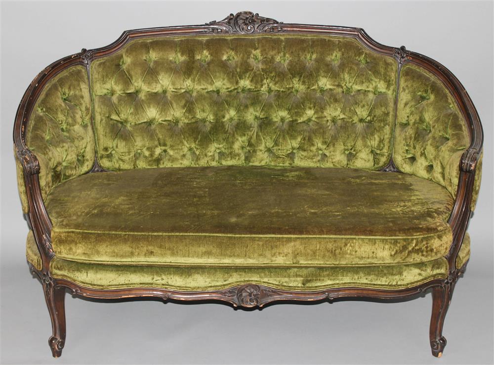 Appraisal: LOUIS XV STYLE STAINED BEECHWOOD LOVESEAT upholstered in green velvet