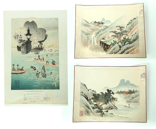 Appraisal: WOODBLOCK PRINT AND TWO LANDSCAPE PAINTINGS Late th- th century